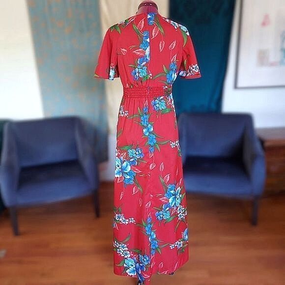 Vtg Royal Hawaiian red floral flutter sleeve faux wrap maxi dress - Picture 2 of 9